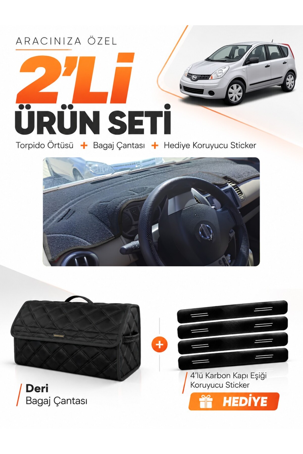 NİSSAN NOTE E11 (2005-2009) Uyumlu Torpido Örtüsü + Deri Bagaj Çantası + Sticker Seti - NI010