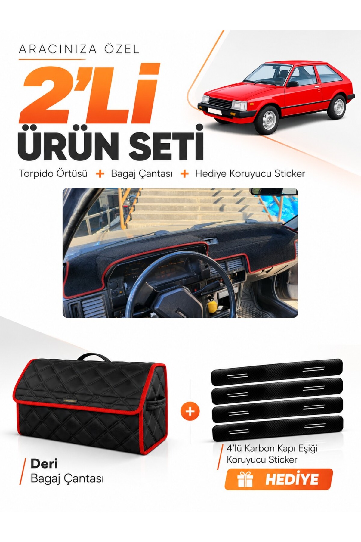 MAZDA 323 BD ESKİ KASA (1980-1985) Uyumlu Torpido Örtüsü + Deri Bagaj Çantası + Sticker Seti - MA004